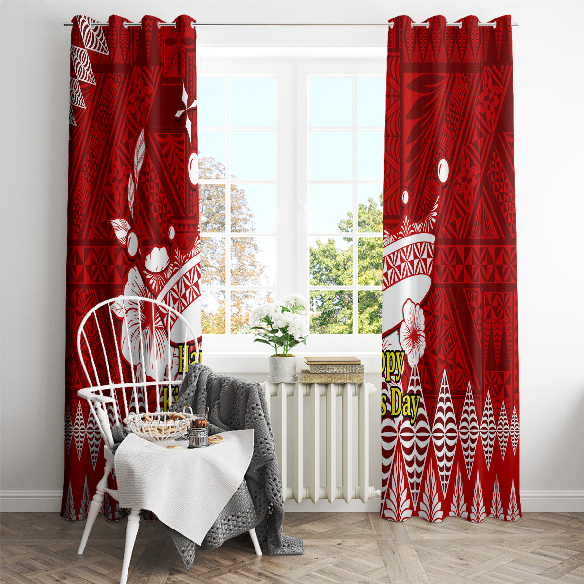 Personalised Tonga King Tupou I Day Window Curtain Tongan Ngatu Pattern With Crown - Wonder Print Shop