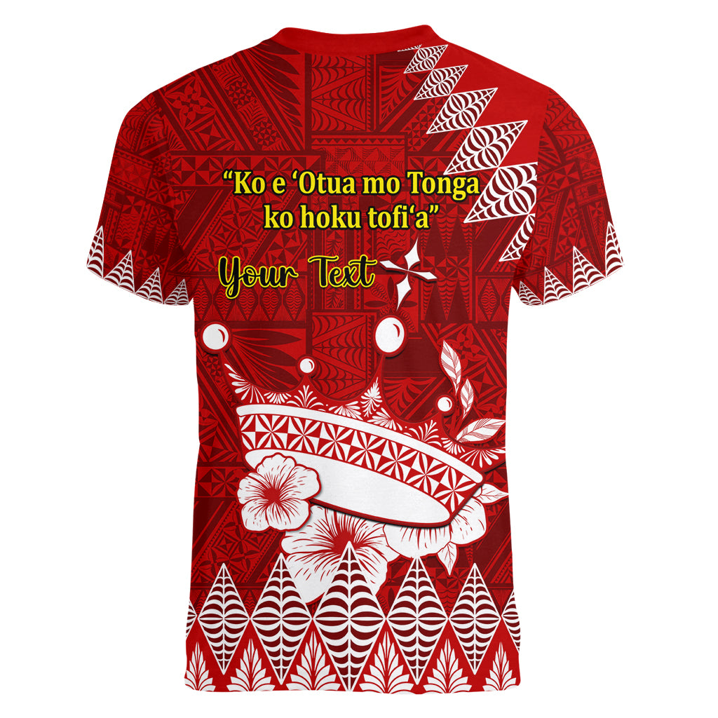 Personalised Tonga King Tupou I Day Women V Neck T Shirt Tongan Ngatu Pattern With Crown - Wonder Print Shop