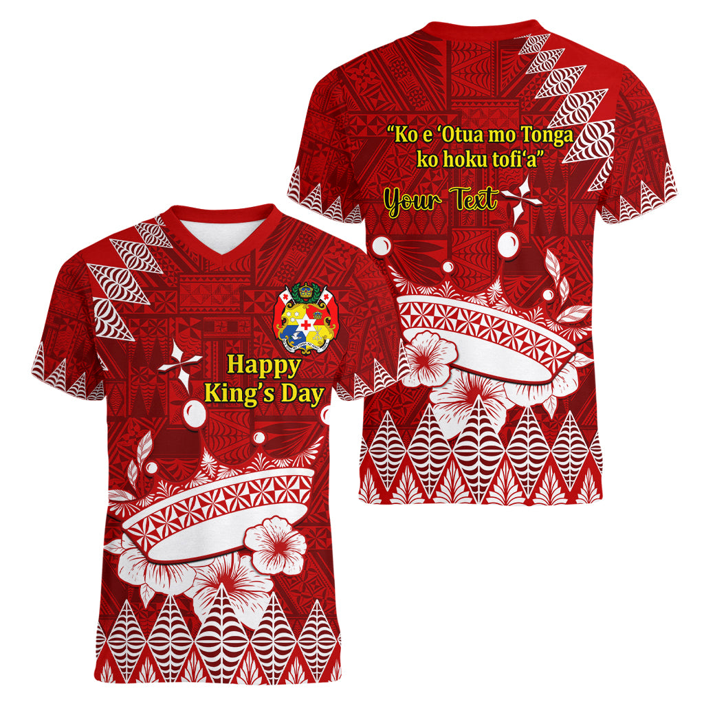 Personalised Tonga King Tupou I Day Women V Neck T Shirt Tongan Ngatu Pattern With Crown - Wonder Print Shop