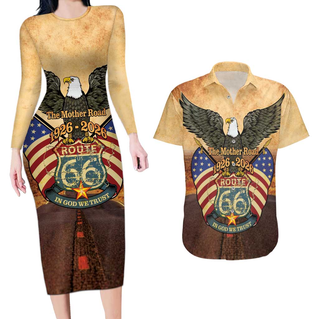 Route 66 Highway United States Couples Matching Long Sleeve Bodycon Dress and Hawaiian Shirt Mother Road Happy 100th Anniversary Proud - Wonder Print Shop