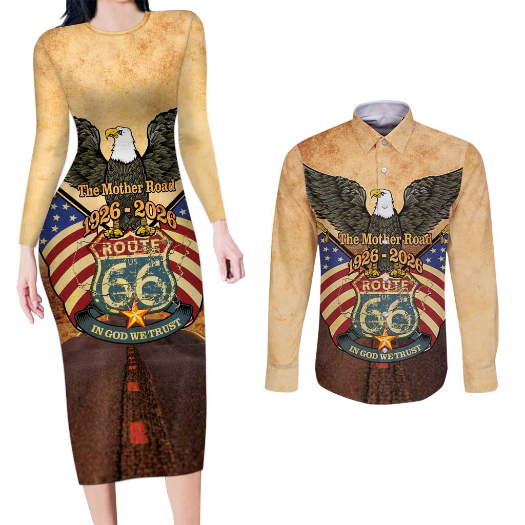Route 66 Highway United States Couples Matching Long Sleeve Bodycon Dress and Long Sleeve Button Shirt Mother Road Happy 100th Anniversary Proud - Wonder Print Shop