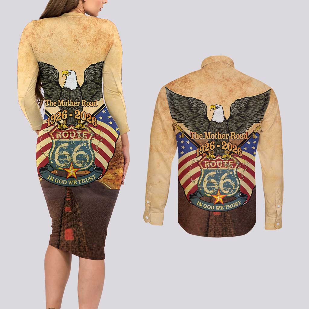 Route 66 Highway United States Couples Matching Long Sleeve Bodycon Dress and Long Sleeve Button Shirt Mother Road Happy 100th Anniversary Proud - Wonder Print Shop