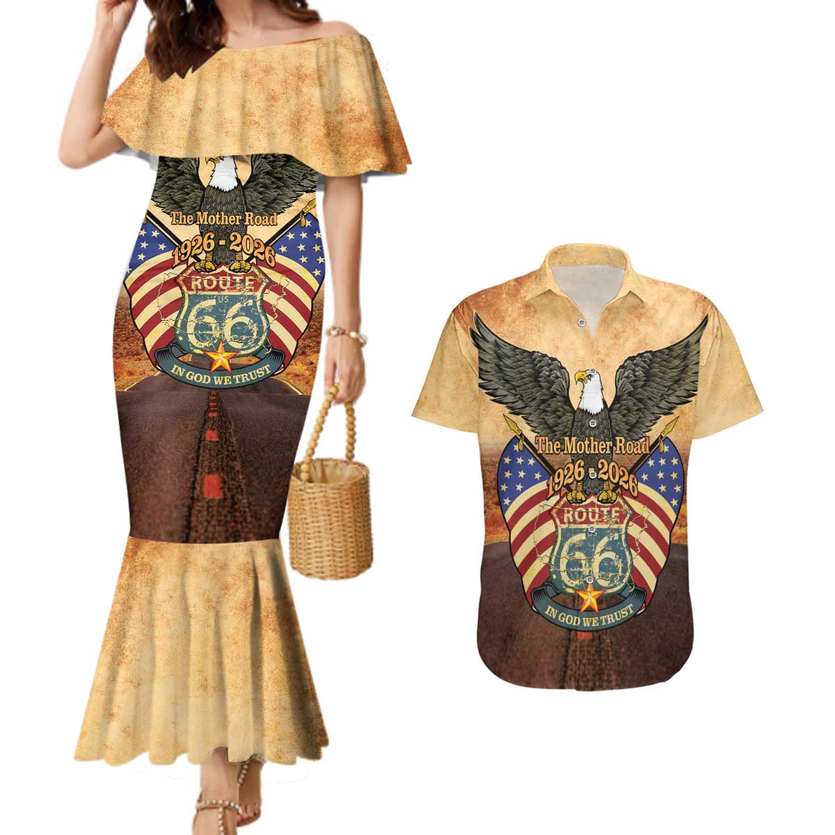 Route 66 Highway United States Couples Matching Mermaid Dress and Hawaiian Shirt Mother Road Happy 100th Anniversary Proud - Wonder Print Shop