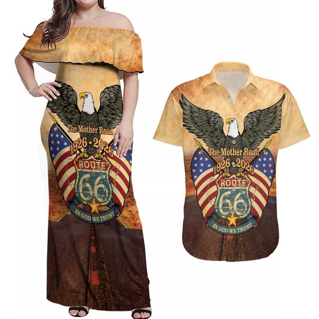 Route 66 Highway United States Couples Matching Off Shoulder Maxi Dress and Hawaiian Shirt Mother Road Happy 100th Anniversary Proud - Wonder Print Shop
