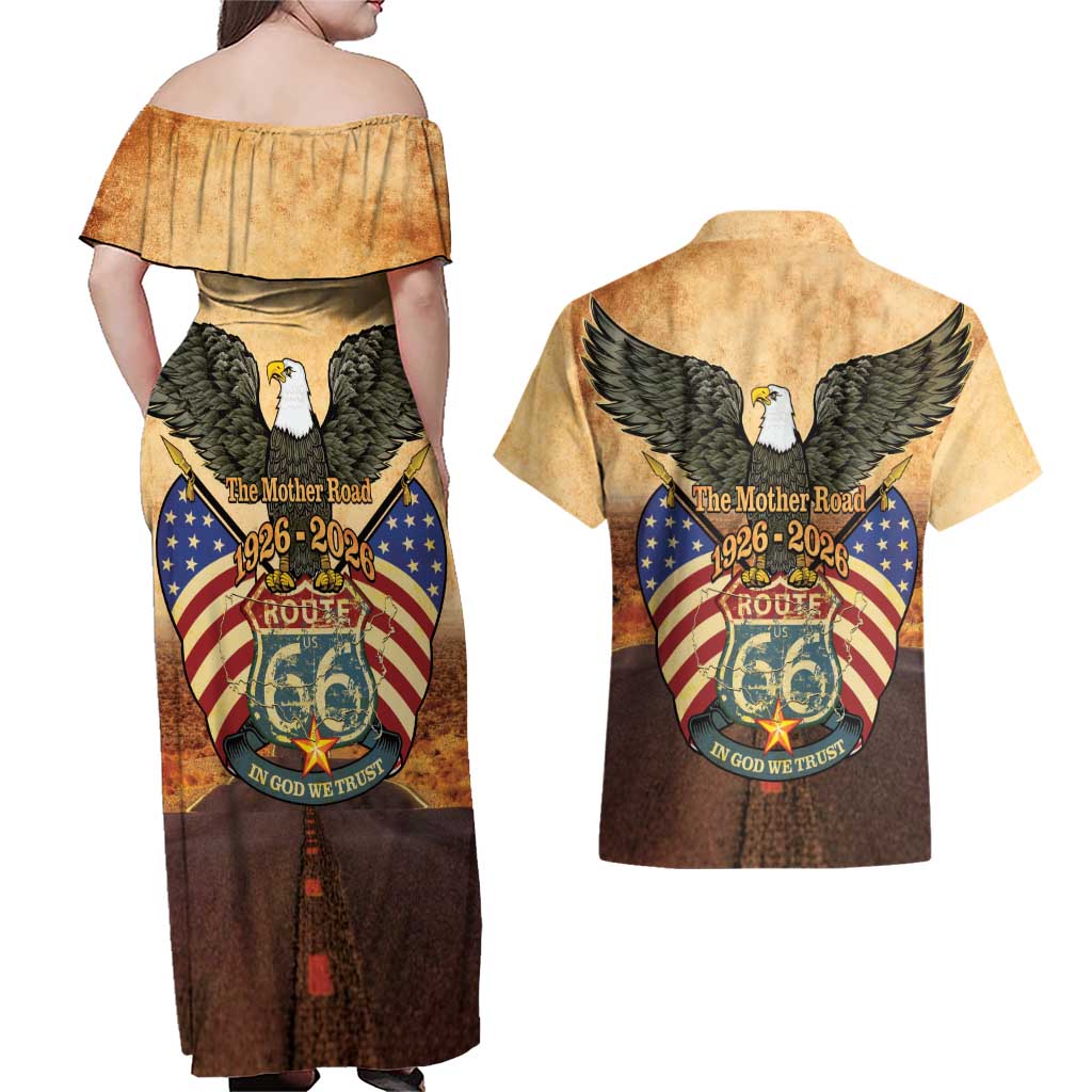 Route 66 Highway United States Couples Matching Off Shoulder Maxi Dress and Hawaiian Shirt Mother Road Happy 100th Anniversary Proud - Wonder Print Shop