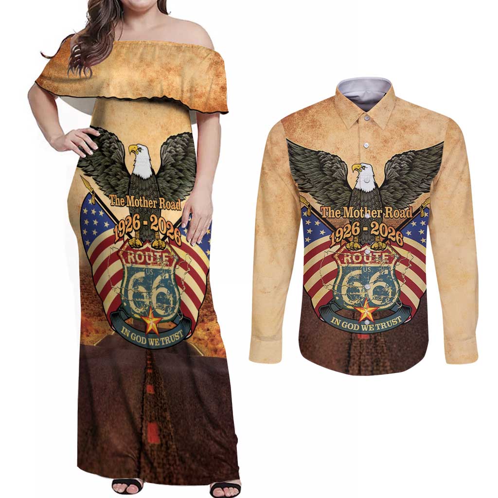 Route 66 Highway United States Couples Matching Off Shoulder Maxi Dress and Long Sleeve Button Shirt Mother Road Happy 100th Anniversary Proud - Wonder Print Shop