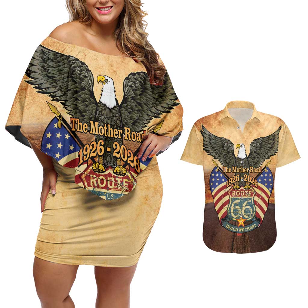 Route 66 Highway United States Couples Matching Off Shoulder Short Dress and Hawaiian Shirt Mother Road Happy 100th Anniversary Proud - Wonder Print Shop