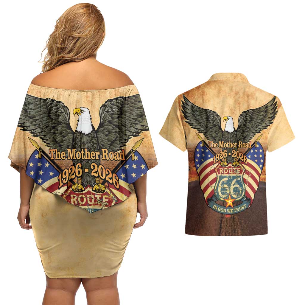 Route 66 Highway United States Couples Matching Off Shoulder Short Dress and Hawaiian Shirt Mother Road Happy 100th Anniversary Proud - Wonder Print Shop