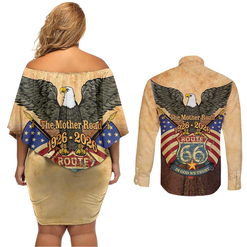 Route 66 Highway United States Couples Matching Off Shoulder Short Dress and Long Sleeve Button Shirt Mother Road Happy 100th Anniversary Proud - Wonder Print Shop