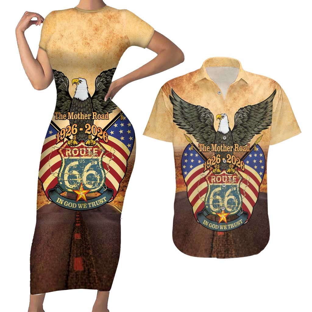 Route 66 Highway United States Couples Matching Short Sleeve Bodycon Dress and Hawaiian Shirt Mother Road Happy 100th Anniversary Proud - Wonder Print Shop