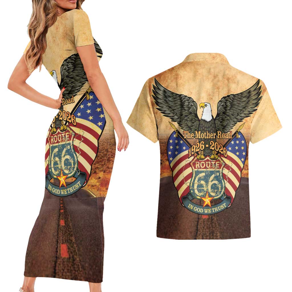 Route 66 Highway United States Couples Matching Short Sleeve Bodycon Dress and Hawaiian Shirt Mother Road Happy 100th Anniversary Proud - Wonder Print Shop