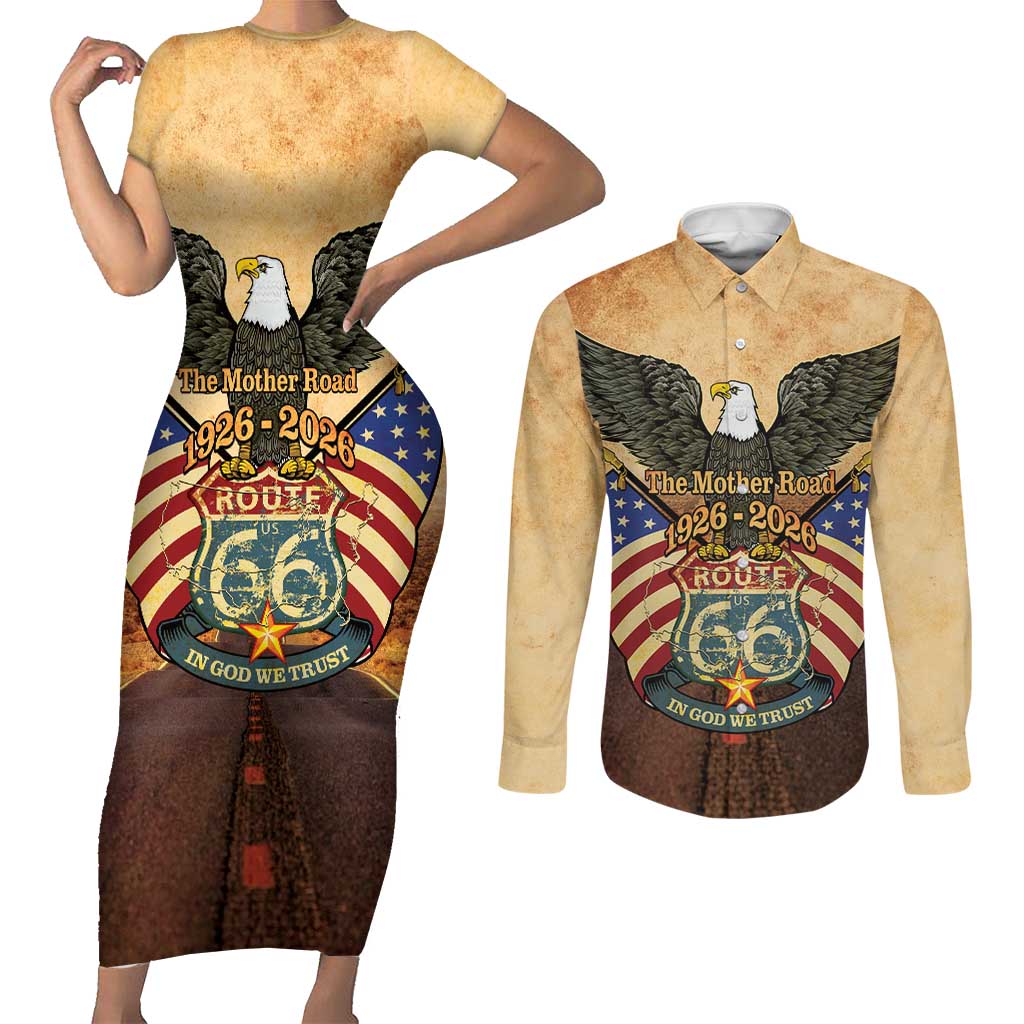 Route 66 Highway United States Couples Matching Short Sleeve Bodycon Dress and Long Sleeve Button Shirt Mother Road Happy 100th Anniversary Proud - Wonder Print Shop