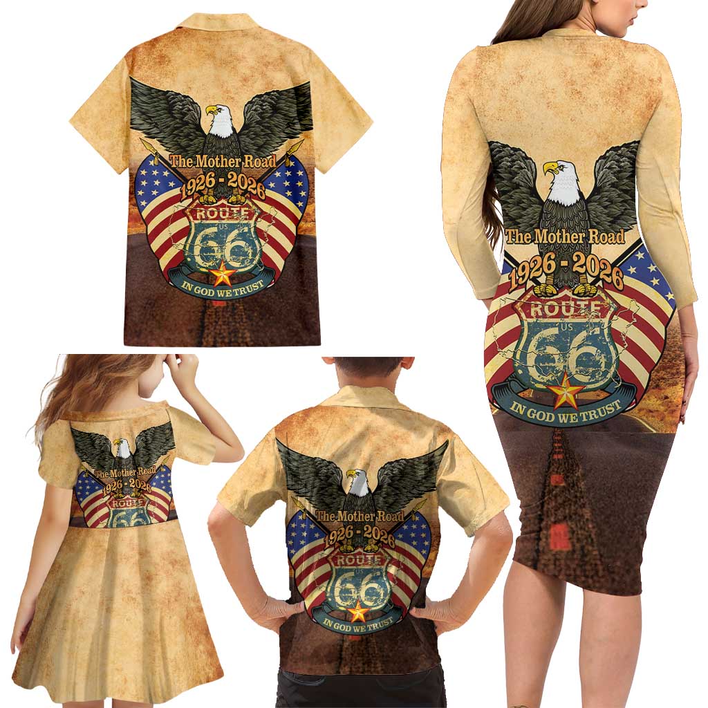 Route 66 Highway United States Family Matching Long Sleeve Bodycon Dress and Hawaiian Shirt Mother Road Happy 100th Anniversary Proud - Wonder Print Shop