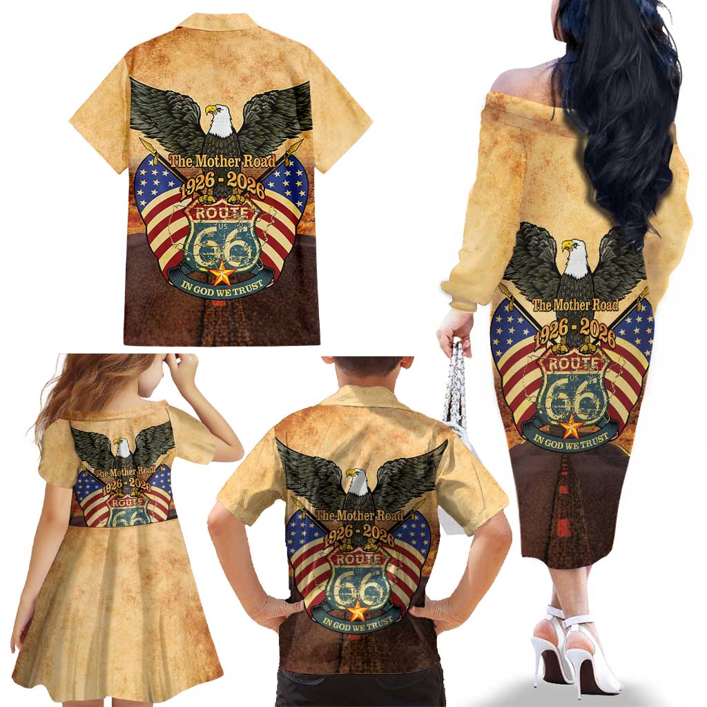Route 66 Highway United States Family Matching Off The Shoulder Long Sleeve Dress and Hawaiian Shirt Mother Road Happy 100th Anniversary Proud - Wonder Print Shop
