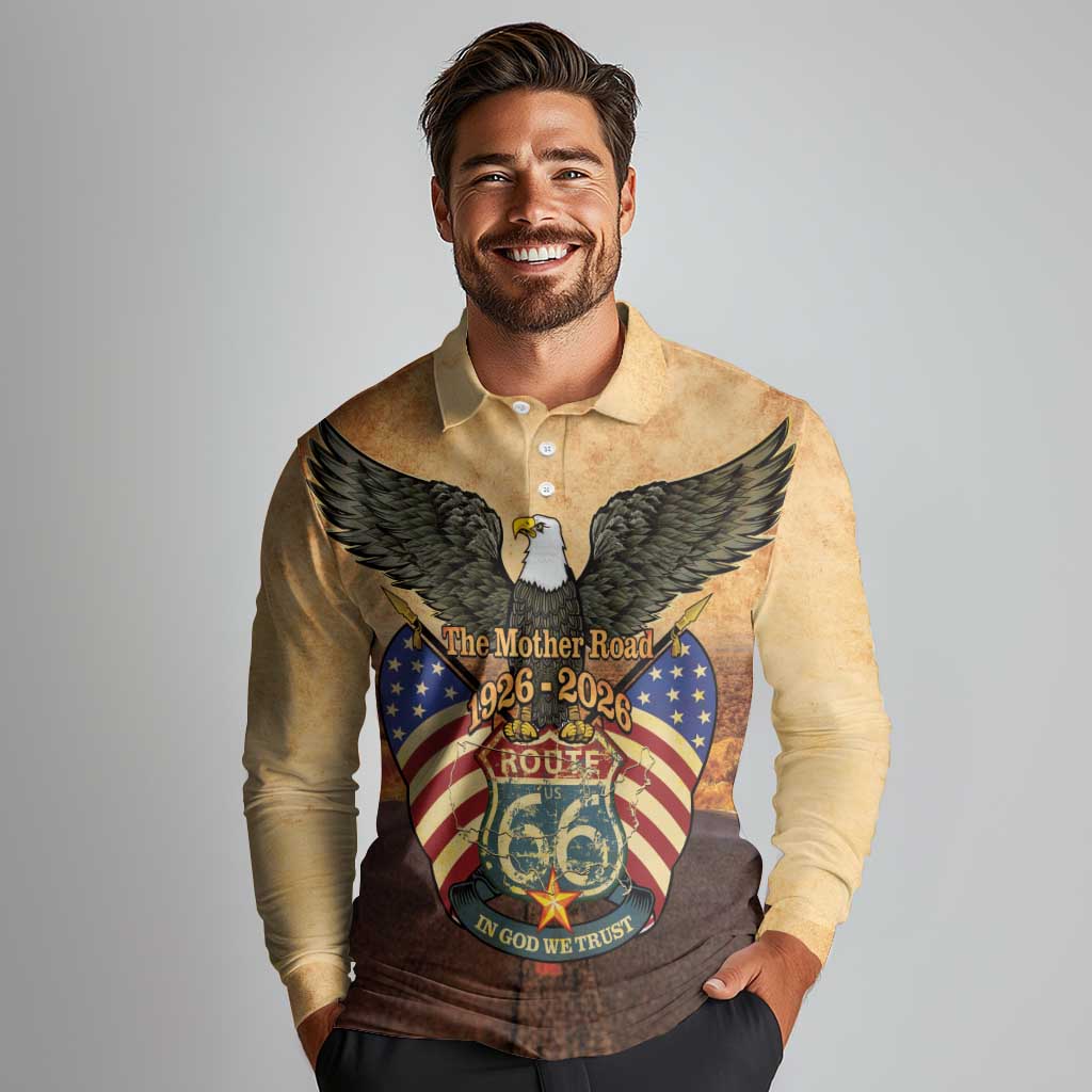 Route 66 Highway United States Long Sleeve Polo Shirt Mother Road Happy 100th Anniversary Proud - Wonder Print Shop