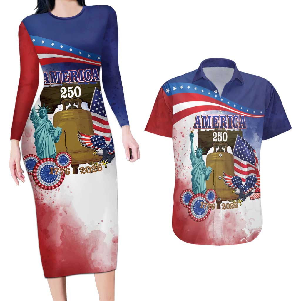 United States 4th Of July Couples Matching Long Sleeve Bodycon Dress and Hawaiian Shirt 250th Anniversary Liberty Bell - Wonder Print Shop