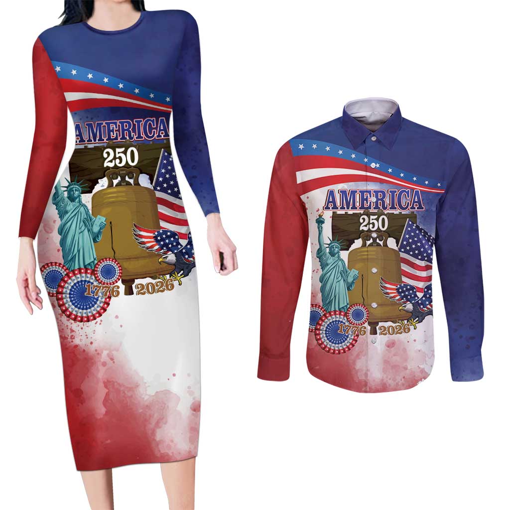 United States 4th Of July Couples Matching Long Sleeve Bodycon Dress and Long Sleeve Button Shirt 250th Anniversary Liberty Bell - Wonder Print Shop