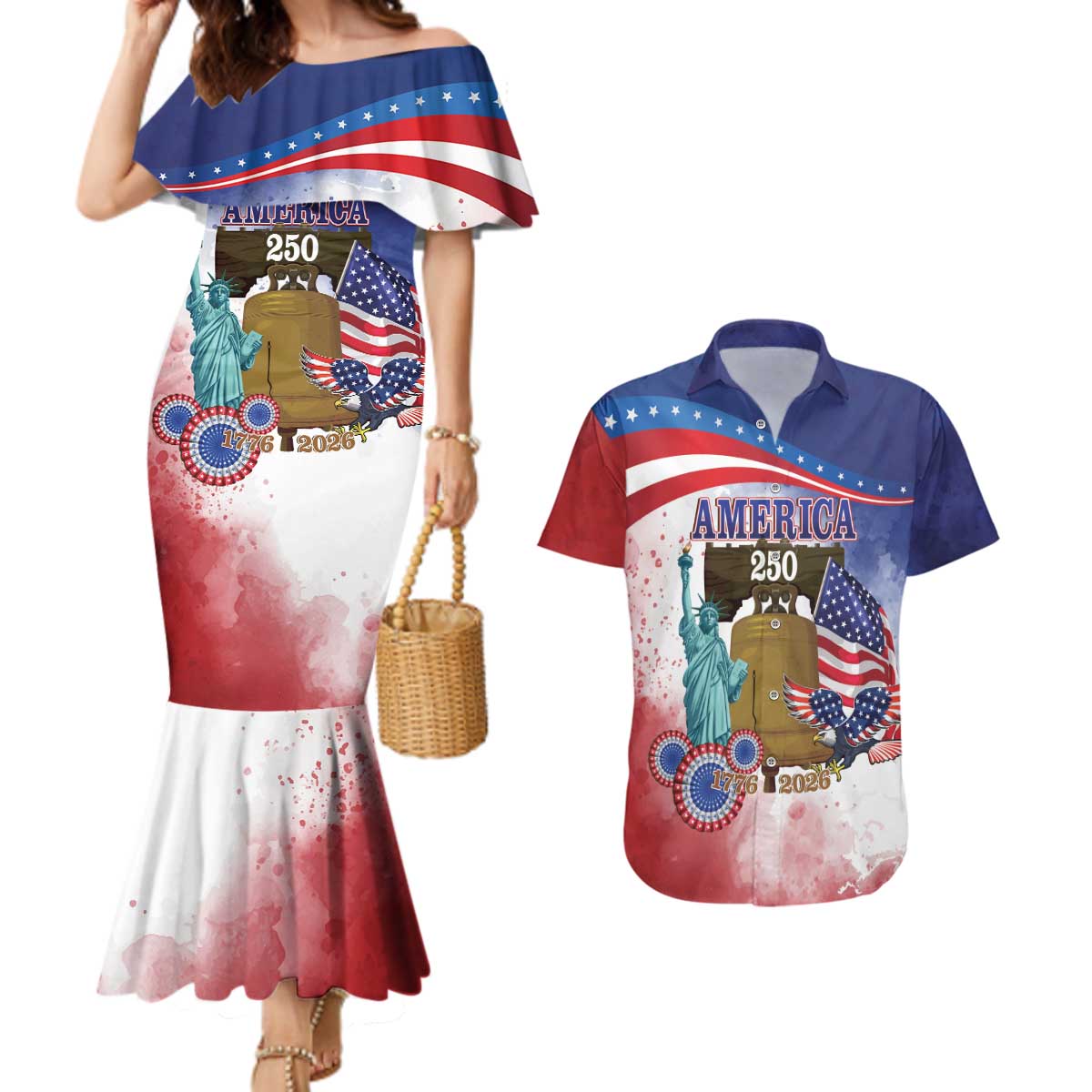 United States 4th Of July Couples Matching Mermaid Dress and Hawaiian Shirt 250th Anniversary Liberty Bell - Wonder Print Shop