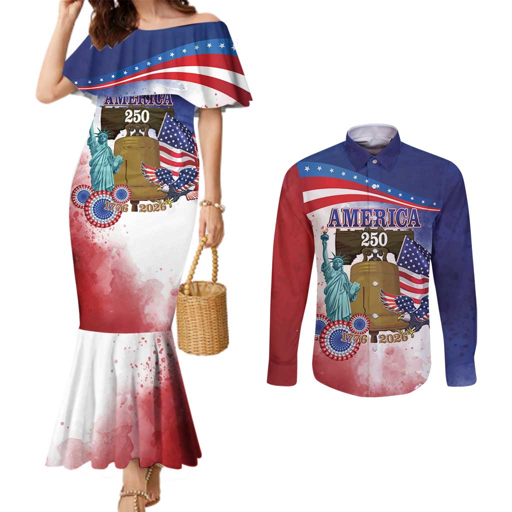 United States 4th Of July Couples Matching Mermaid Dress and Long Sleeve Button Shirt 250th Anniversary Liberty Bell - Wonder Print Shop