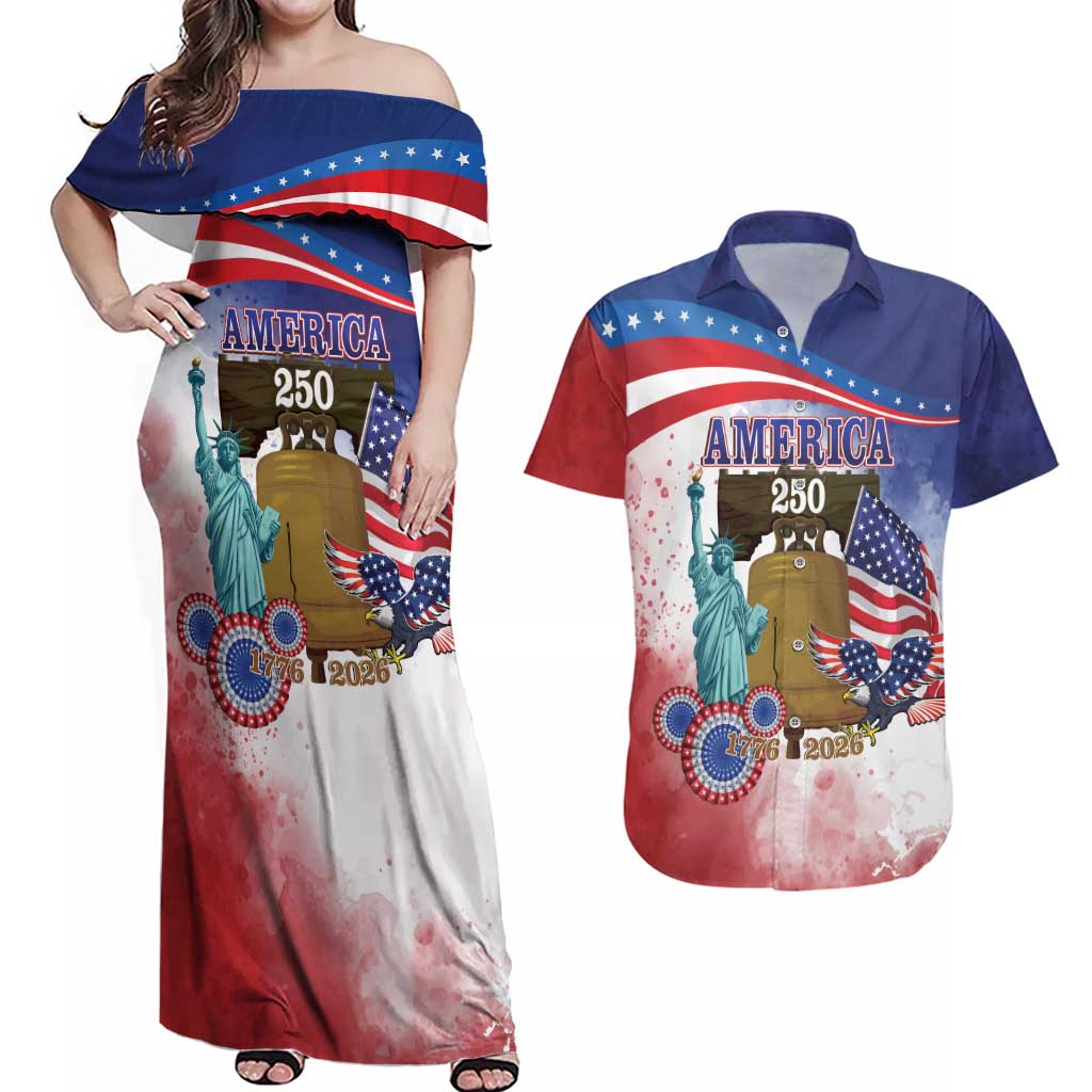 United States 4th Of July Couples Matching Off Shoulder Maxi Dress and Hawaiian Shirt 250th Anniversary Liberty Bell - Wonder Print Shop