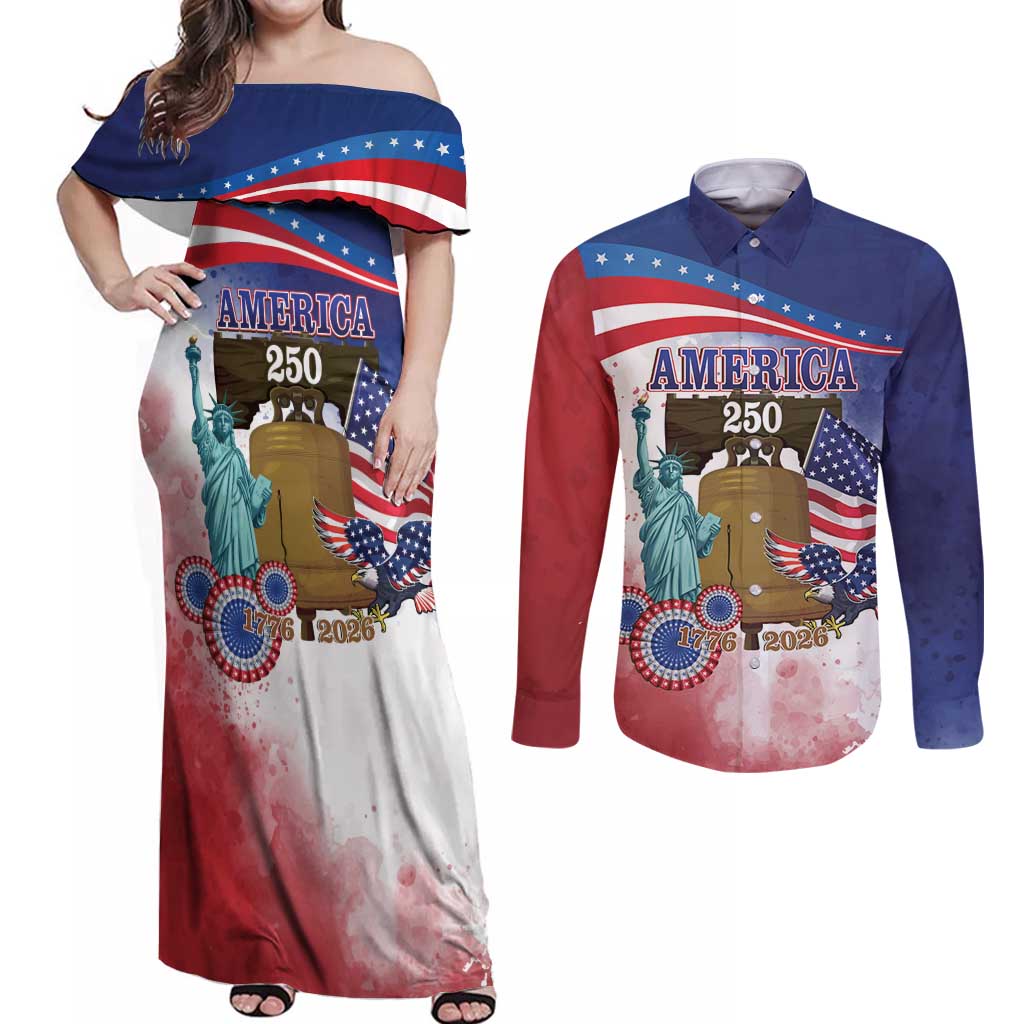 United States 4th Of July Couples Matching Off Shoulder Maxi Dress and Long Sleeve Button Shirt 250th Anniversary Liberty Bell - Wonder Print Shop