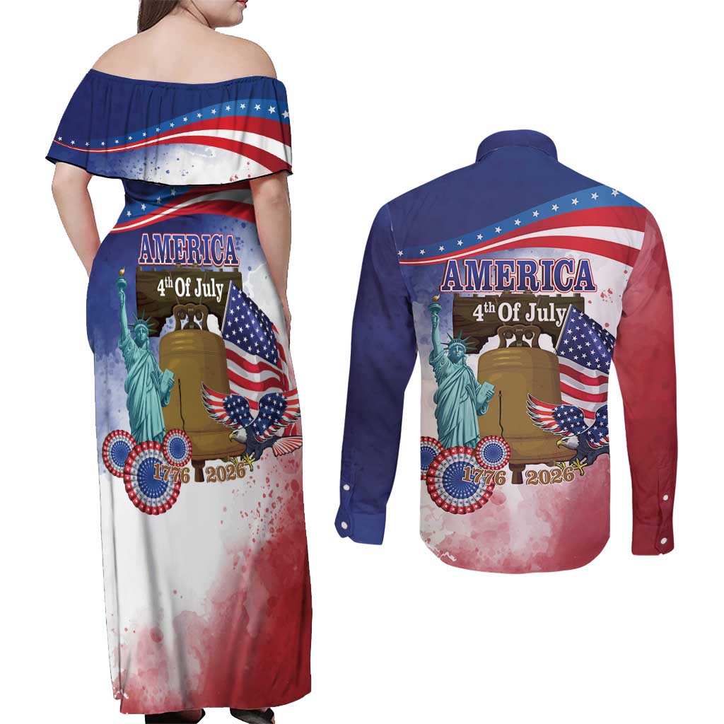 United States 4th Of July Couples Matching Off Shoulder Maxi Dress and Long Sleeve Button Shirt 250th Anniversary Liberty Bell - Wonder Print Shop