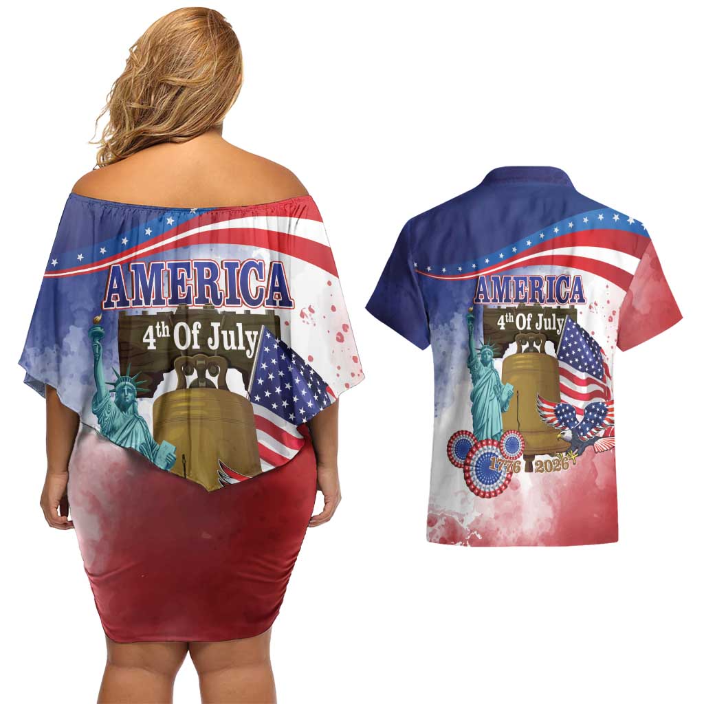 United States 4th Of July Couples Matching Off Shoulder Short Dress and Hawaiian Shirt 250th Anniversary Liberty Bell - Wonder Print Shop