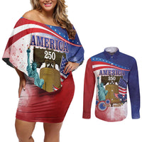 United States 4th Of July Couples Matching Off Shoulder Short Dress and Long Sleeve Button Shirt 250th Anniversary Liberty Bell - Wonder Print Shop