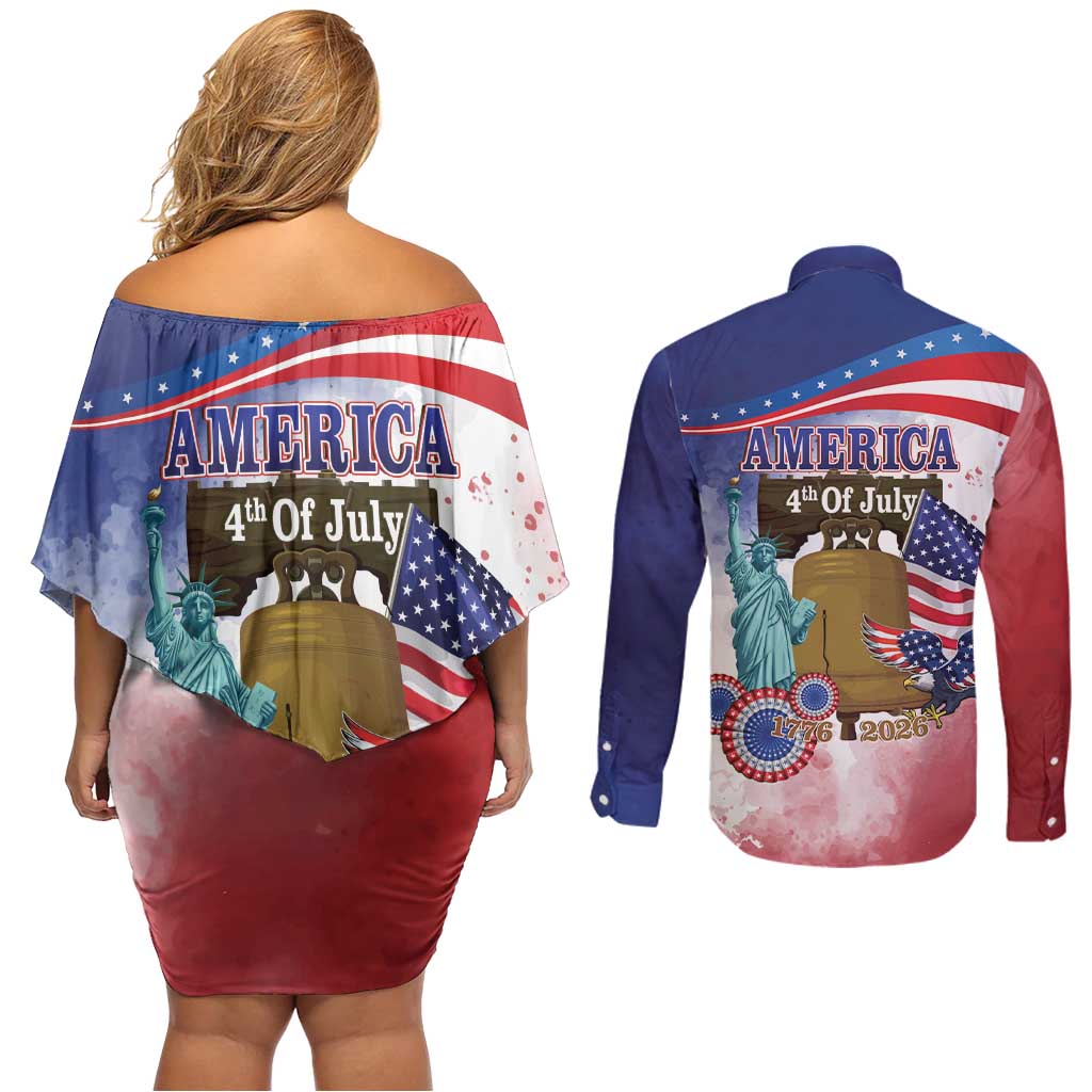 United States 4th Of July Couples Matching Off Shoulder Short Dress and Long Sleeve Button Shirt 250th Anniversary Liberty Bell - Wonder Print Shop