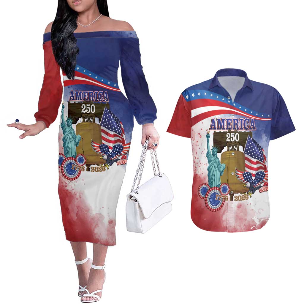 United States 4th Of July Couples Matching Off The Shoulder Long Sleeve Dress and Hawaiian Shirt 250th Anniversary Liberty Bell - Wonder Print Shop