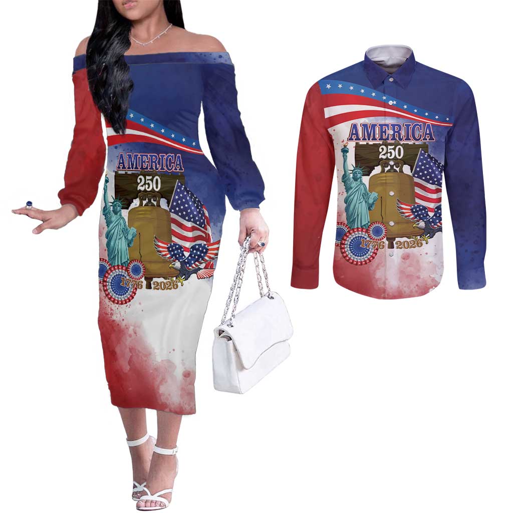 United States 4th Of July Couples Matching Off The Shoulder Long Sleeve Dress and Long Sleeve Button Shirt 250th Anniversary Liberty Bell - Wonder Print Shop