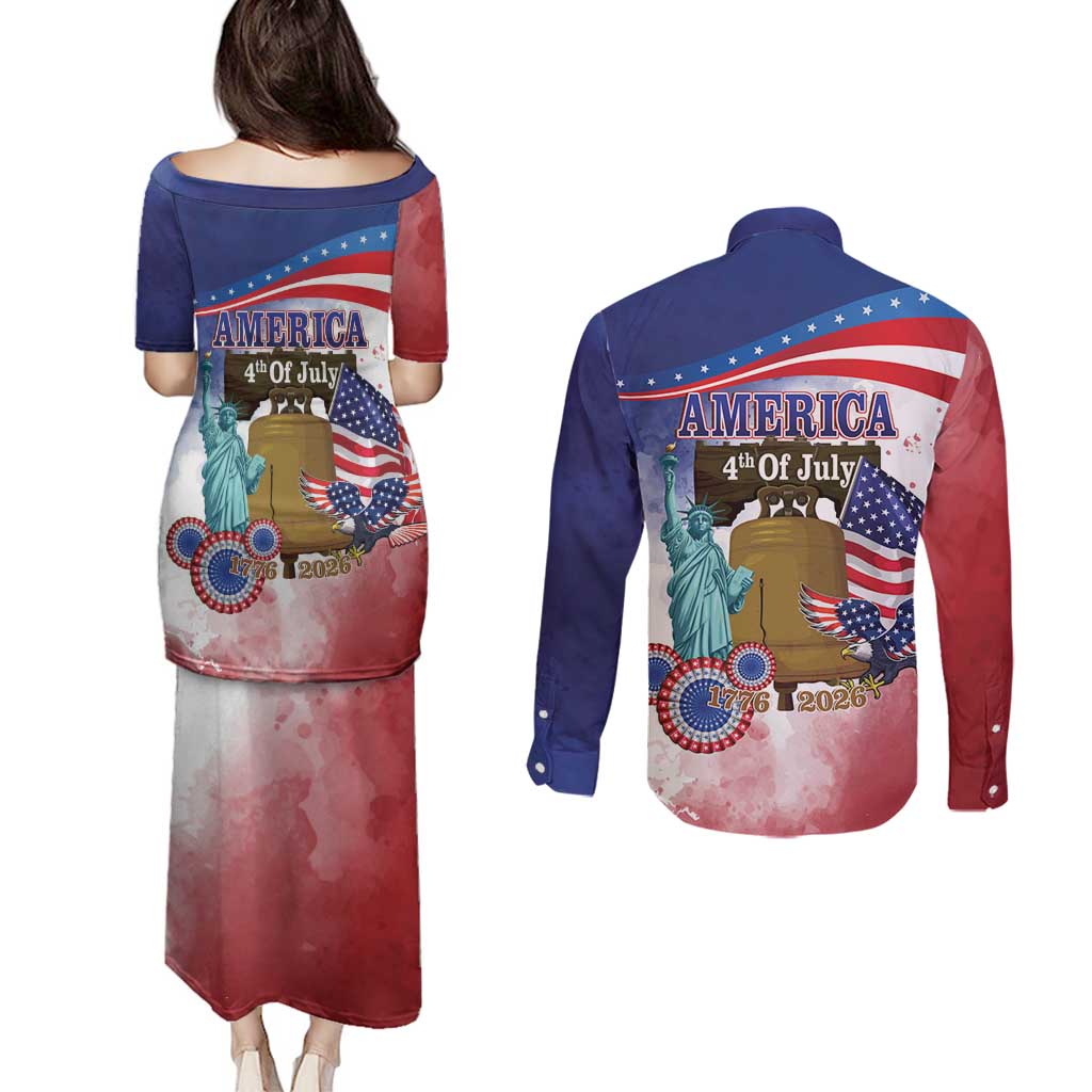 United States 4th Of July Couples Matching Puletasi and Long Sleeve Button Shirt 250th Anniversary Liberty Bell - Wonder Print Shop