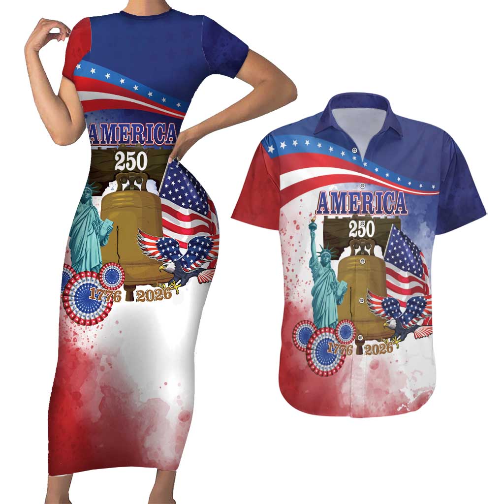 United States 4th Of July Couples Matching Short Sleeve Bodycon Dress and Hawaiian Shirt 250th Anniversary Liberty Bell - Wonder Print Shop