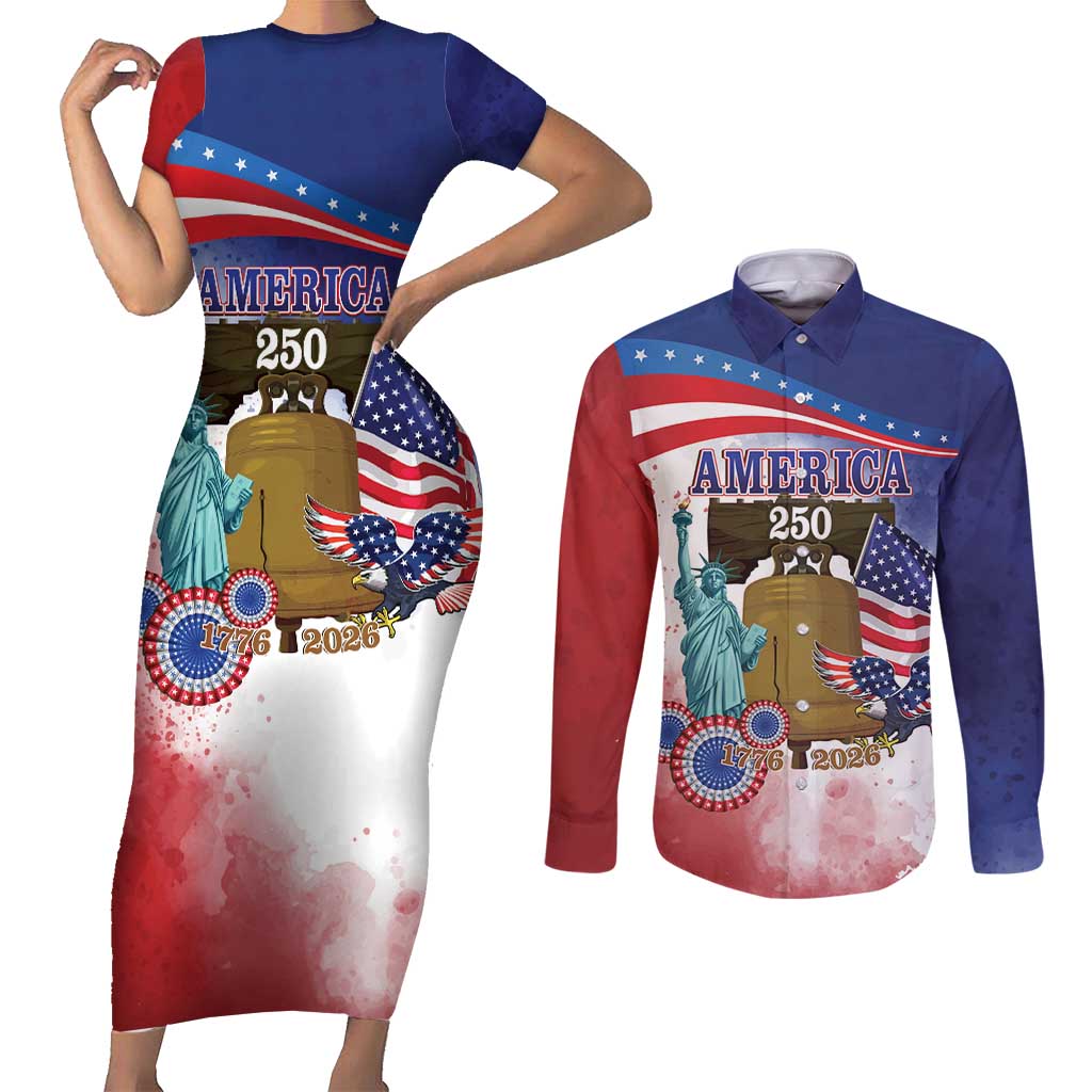 United States 4th Of July Couples Matching Short Sleeve Bodycon Dress and Long Sleeve Button Shirt 250th Anniversary Liberty Bell - Wonder Print Shop