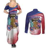 United States 4th Of July Couples Matching Summer Maxi Dress and Long Sleeve Button Shirt 250th Anniversary Liberty Bell - Wonder Print Shop