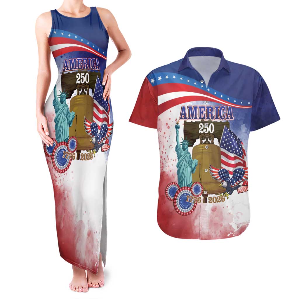 United States 4th Of July Couples Matching Tank Maxi Dress and Hawaiian Shirt 250th Anniversary Liberty Bell - Wonder Print Shop