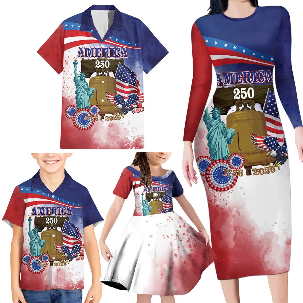 United States 4th Of July Family Matching Long Sleeve Bodycon Dress and Hawaiian Shirt 250th Anniversary Liberty Bell - Wonder Print Shop