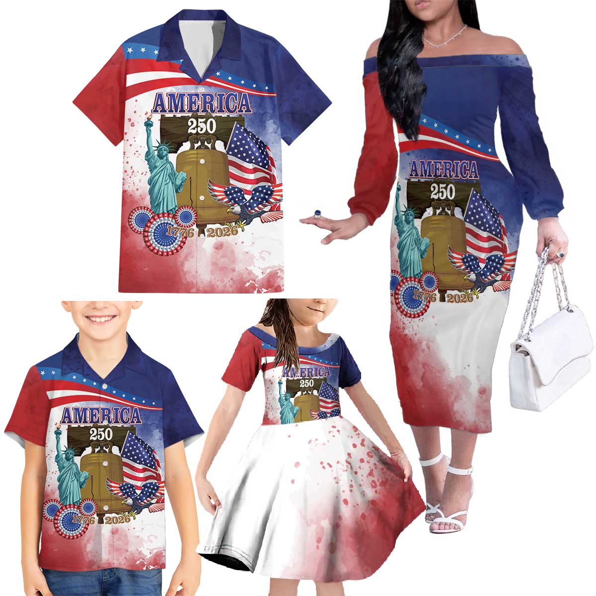 United States 4th Of July Family Matching Off The Shoulder Long Sleeve Dress and Hawaiian Shirt 250th Anniversary Liberty Bell - Wonder Print Shop