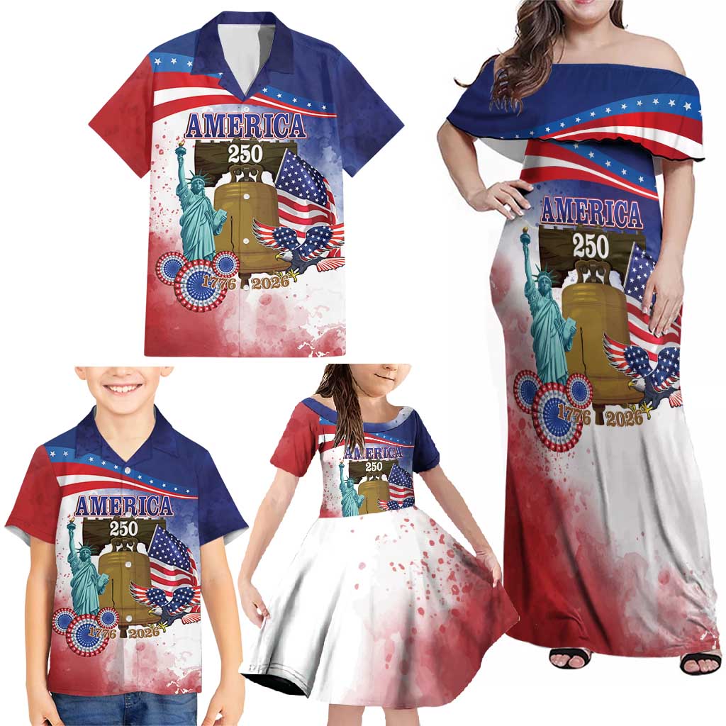United States 4th Of July Family Matching Off Shoulder Maxi Dress and Hawaiian Shirt 250th Anniversary Liberty Bell - Wonder Print Shop