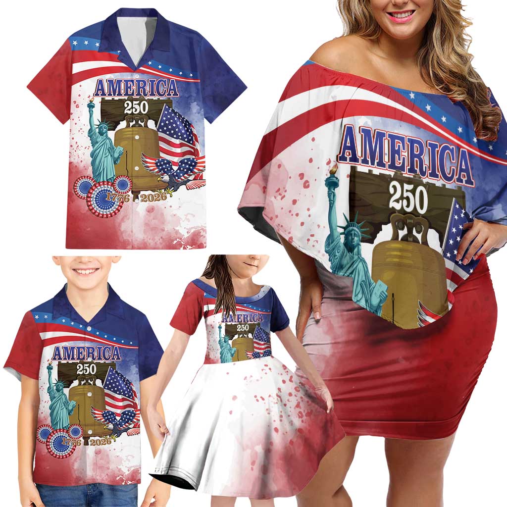 United States 4th Of July Family Matching Off Shoulder Short Dress and Hawaiian Shirt 250th Anniversary Liberty Bell - Wonder Print Shop