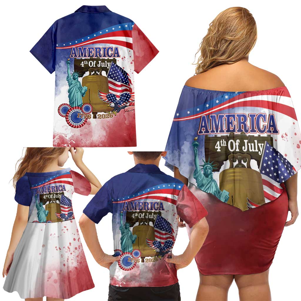 United States 4th Of July Family Matching Off Shoulder Short Dress and Hawaiian Shirt 250th Anniversary Liberty Bell - Wonder Print Shop