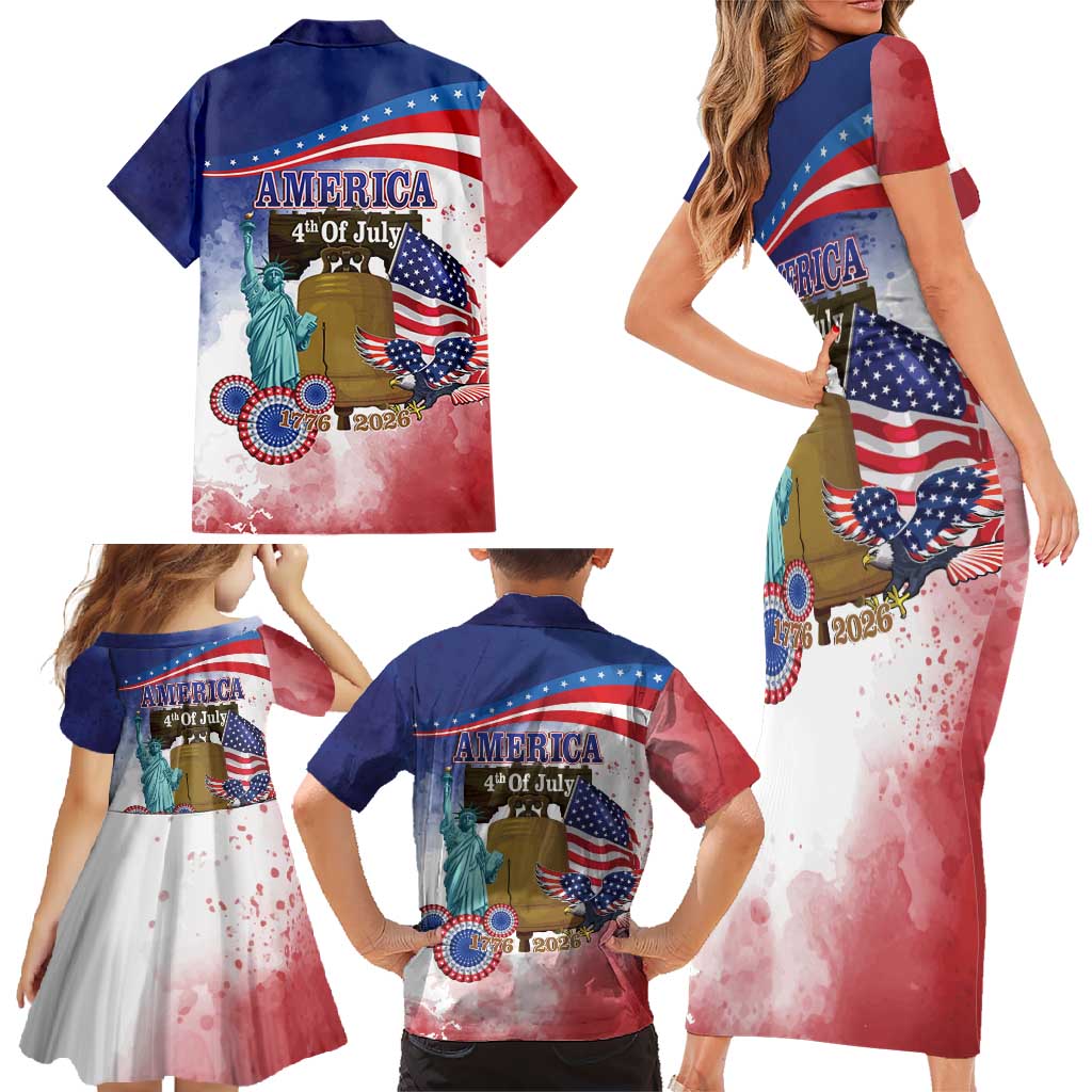 United States 4th Of July Family Matching Short Sleeve Bodycon Dress and Hawaiian Shirt 250th Anniversary Liberty Bell - Wonder Print Shop