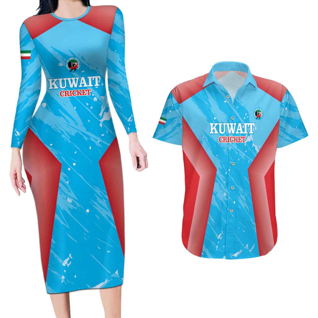 Custom Kuwait Cricket Couples Matching Long Sleeve Bodycon Dress and Hawaiian Shirt Go Champions Grunge Style - Wonder Print Shop