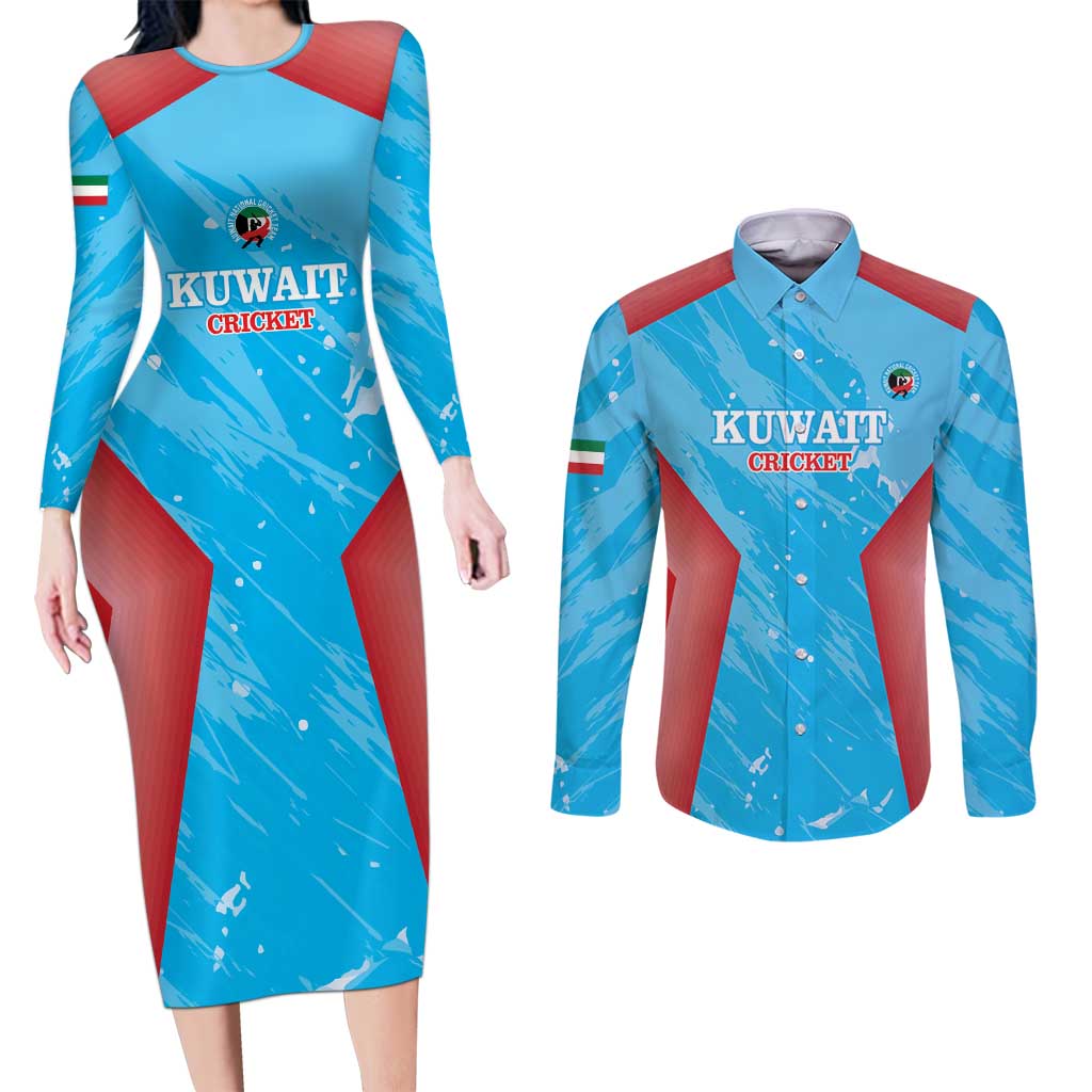 Custom Kuwait Cricket Couples Matching Long Sleeve Bodycon Dress and Long Sleeve Button Shirt Go Champions Grunge Style - Wonder Print Shop