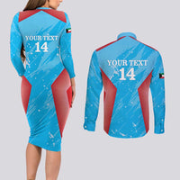 Custom Kuwait Cricket Couples Matching Long Sleeve Bodycon Dress and Long Sleeve Button Shirt Go Champions Grunge Style - Wonder Print Shop