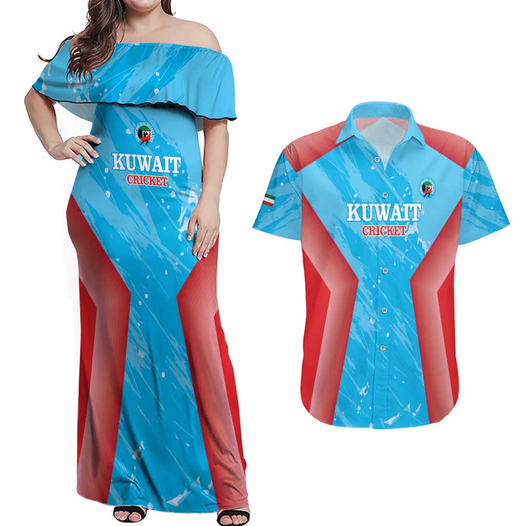Custom Kuwait Cricket Couples Matching Off Shoulder Maxi Dress and Hawaiian Shirt Go Champions Grunge Style - Wonder Print Shop