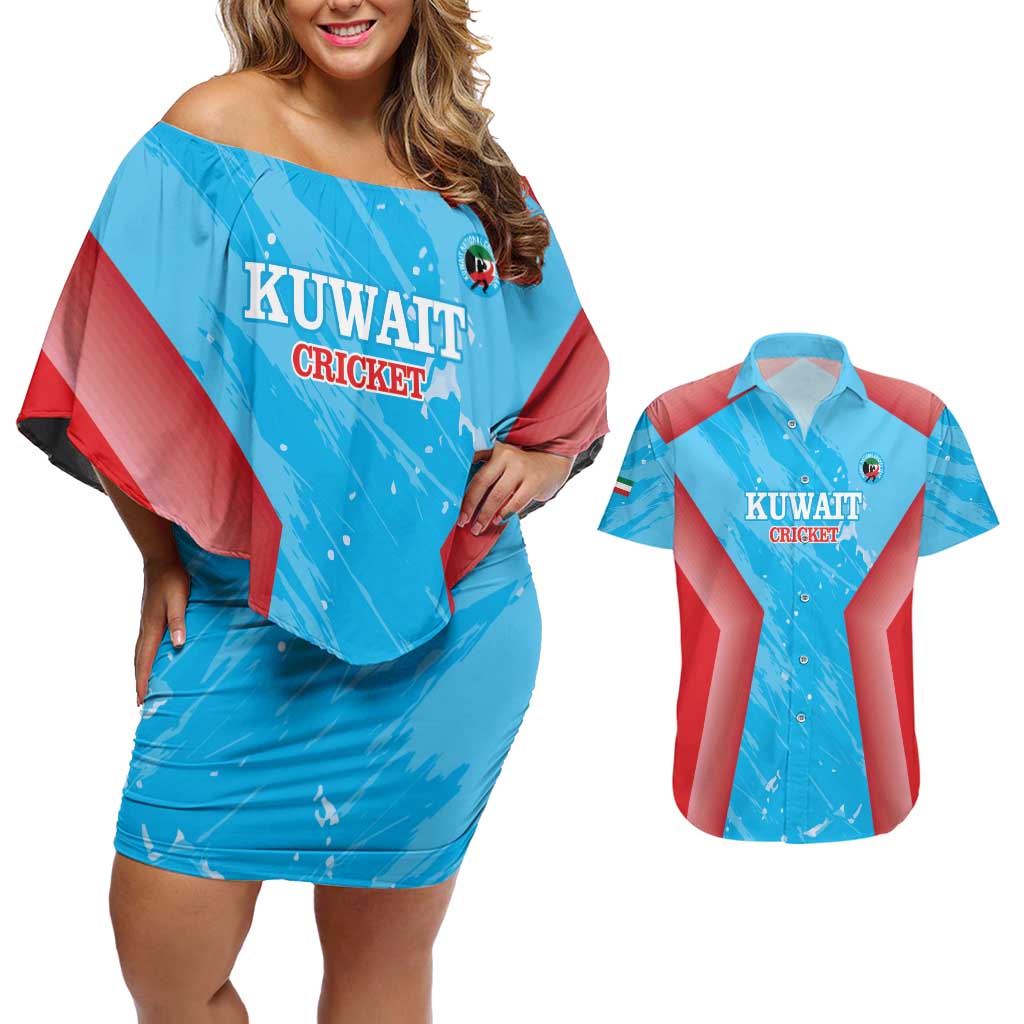 Custom Kuwait Cricket Couples Matching Off Shoulder Short Dress and Hawaiian Shirt Go Champions Grunge Style - Wonder Print Shop