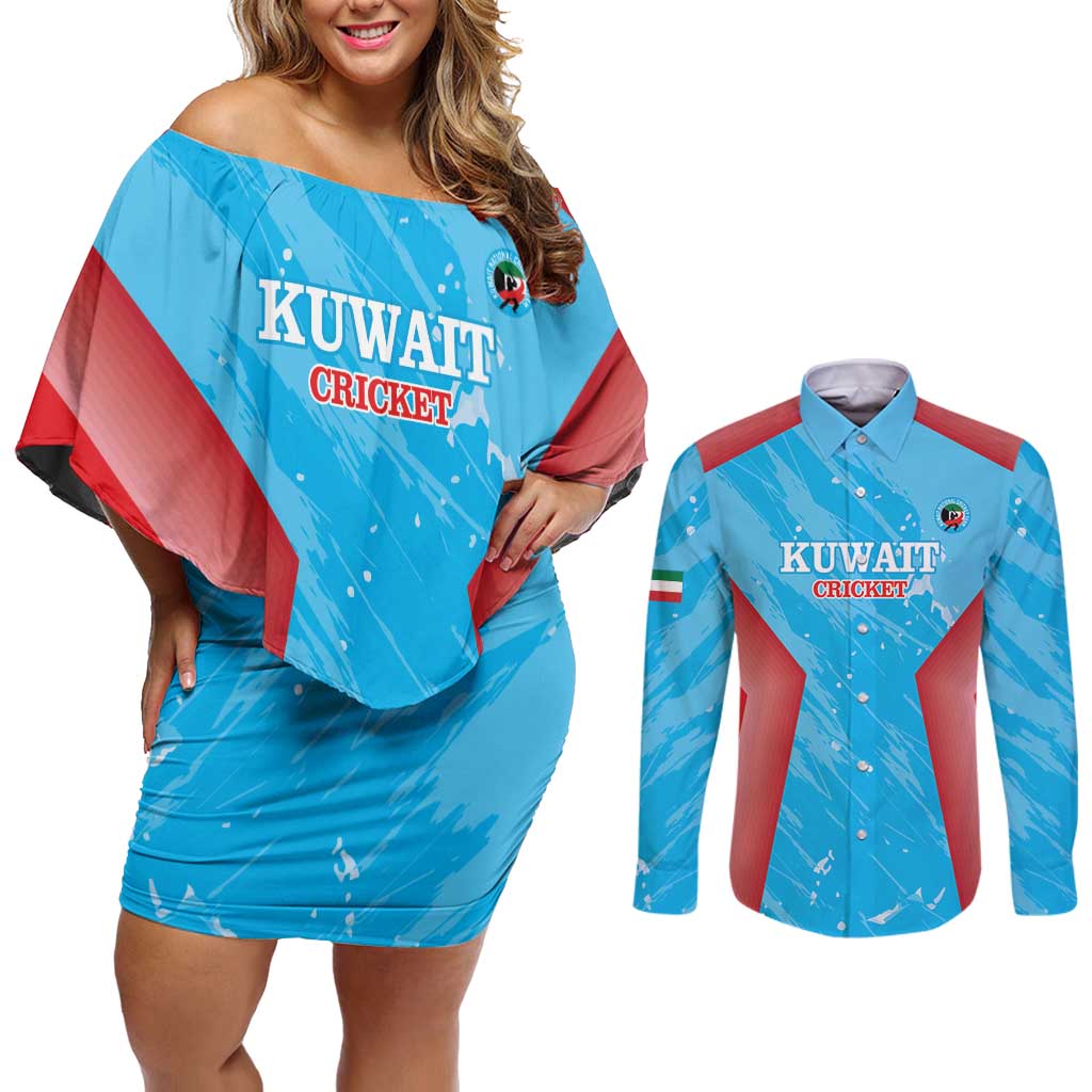Custom Kuwait Cricket Couples Matching Off Shoulder Short Dress and Long Sleeve Button Shirt Go Champions Grunge Style - Wonder Print Shop