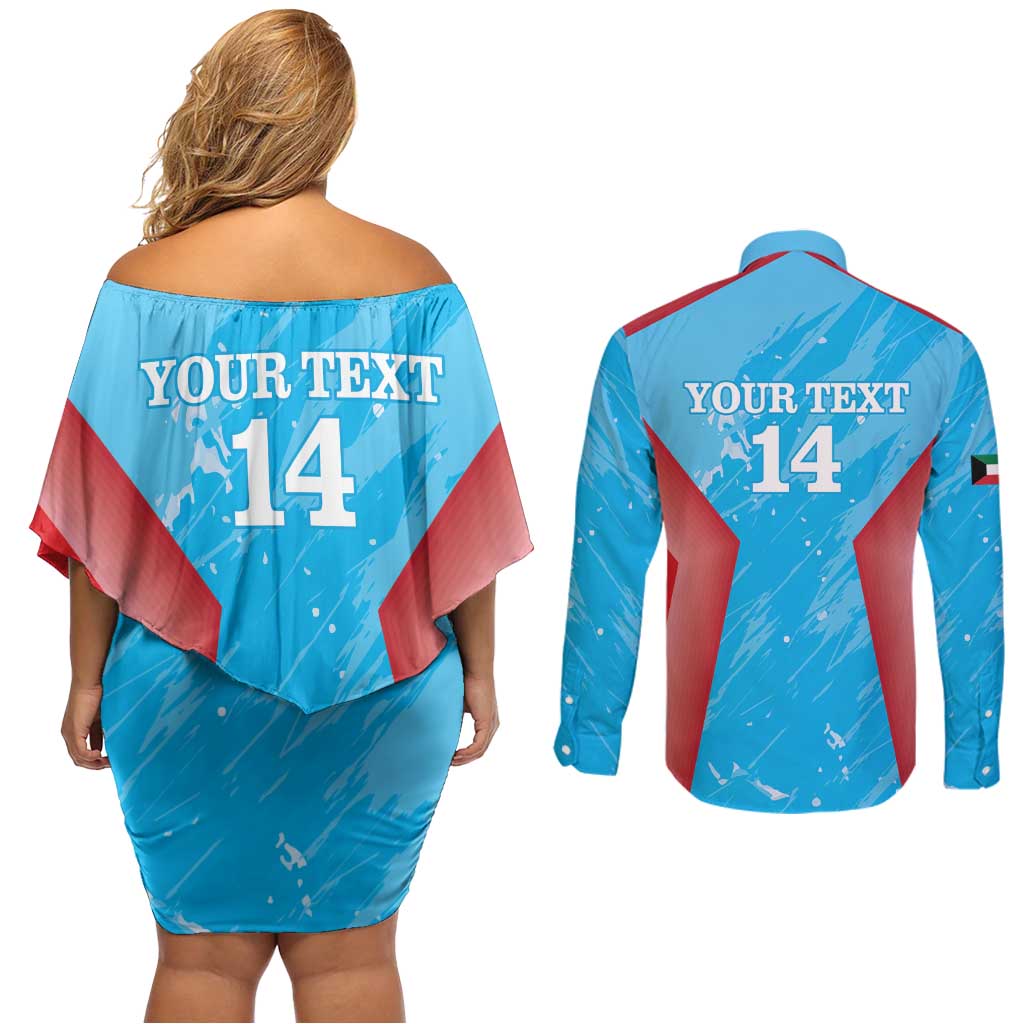 Custom Kuwait Cricket Couples Matching Off Shoulder Short Dress and Long Sleeve Button Shirt Go Champions Grunge Style - Wonder Print Shop