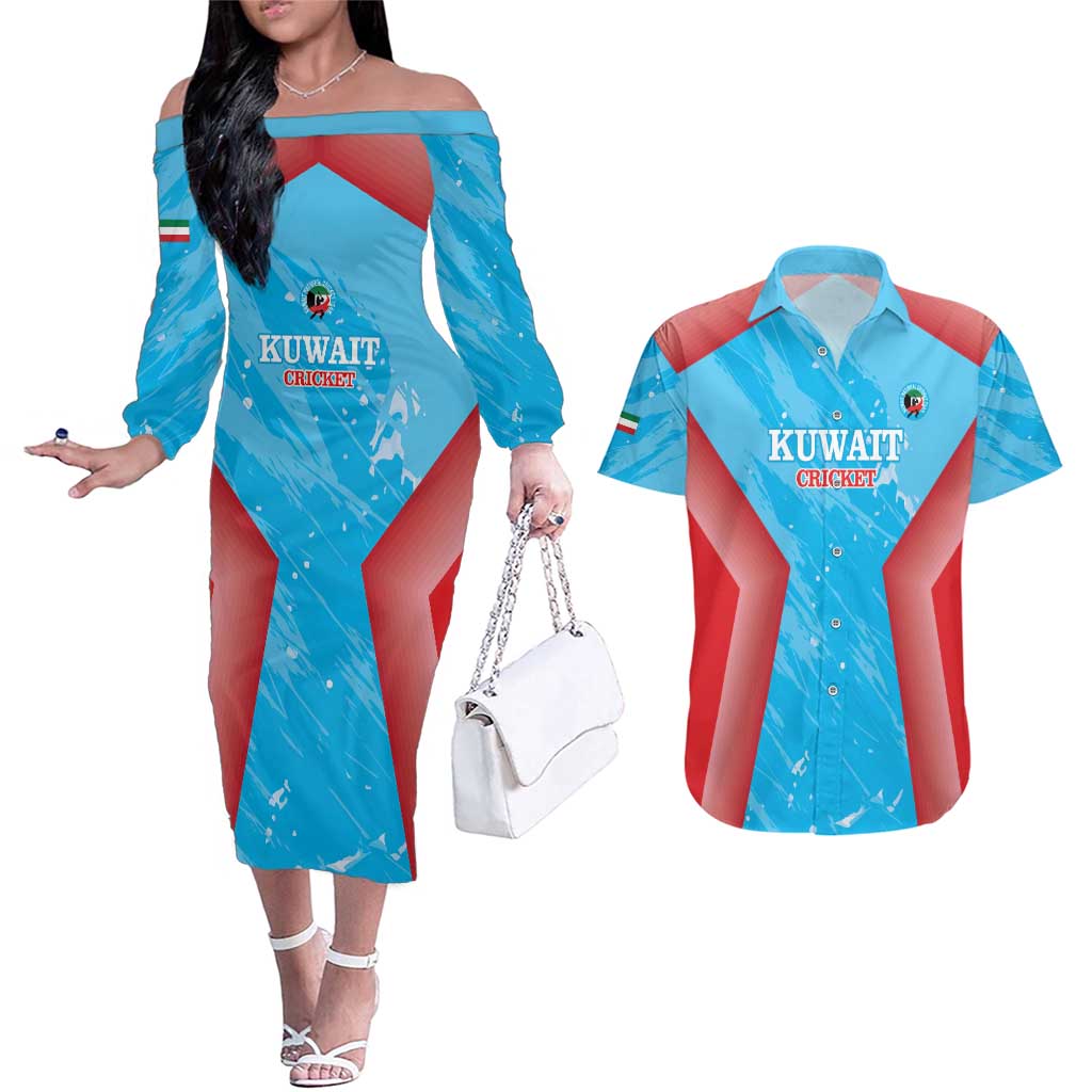 Custom Kuwait Cricket Couples Matching Off The Shoulder Long Sleeve Dress and Hawaiian Shirt Go Champions Grunge Style - Wonder Print Shop